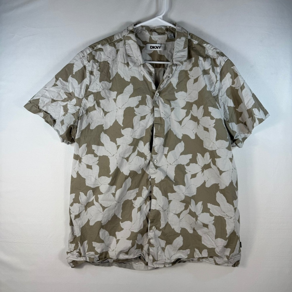 DKNY Mens XL Short Sleeve Button Down Shirt Tan Cream Floral Leaf Print Cotton